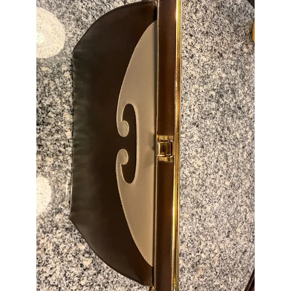 Vintage 1950s Brown & Cream Structured Top Handle Handbag - Picture 10 of 13
